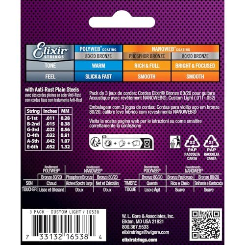 Elixir Strings, acoustique, en Bronze 80/20 avec revêtement NANOWEB. Un son brillant, net et précis, avec une longévité sonore inégalée et un toucher agréable - Pack de 3 jeux, Custom Light 11-52
