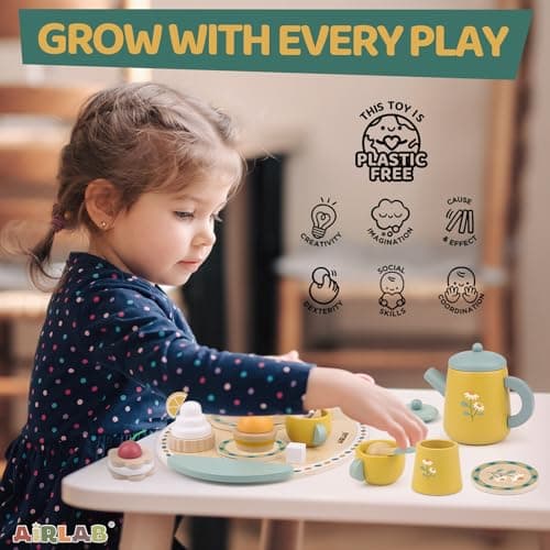 Airlab Service à Thé Bois Bébé, Jeux Rôle Tea Party, Jouet Éducatif Éveil Montessori, Gâteau Dessert Dinette Jouet Cuisine, Cadeau Créatif Anniversaire Pâques Halloween Noël Enfant Garçon Fille 3+ Ans
