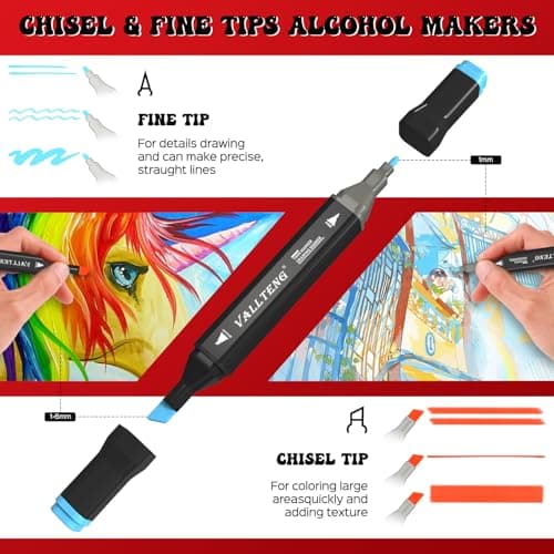 Vallteng Feutre a Alcool 80 Couleurs, Pointe Double Feutres à Alcool Marqueurs Pinceau et Ciseau Burin Pour Adultes Peinture, Griffonnages Enfants, Animation Art Esquisse