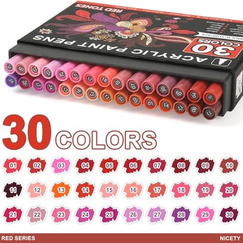 NICETY 30Pcs Feutre Acrylique - marqueur peinture acrylique Verre pour Bois, Toile, Verre, Céramique - Acrylic Paint Marker à base d'eau à 0,7 mm Extra Pointe Fine (Rouge)