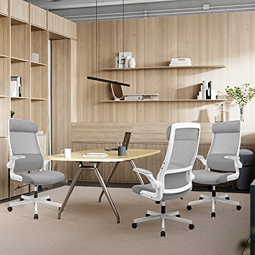 MELOKEA Chaise de Bureau Ergonomique avec Accoudoirs Rabattables,Fauteuil de Bureau Confortable avec appuie-tête réglable et Support Lombaire, Hauteur Réglable, Gris