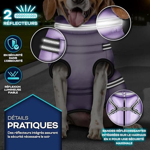 TRESKO® Manteau d'hiver pour Chiens avec réflecteurs INCL. 15 Sacs à crottes + Distributeur | Imperméable pour Chiens étanche | Manteau avec Harnais | Veste d'hiver doublée (L, Violet)