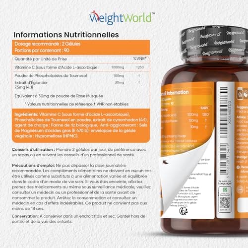 Vitamine C Liposomale 1000mg - 180 Gélules Vegan (3 mois) - Antioxydant, Anti Fatigue, Immunité Adulte, Vitamine C Gélules, Acide Ascorbique Haute Absorption avec Extrait d'Églantier (Cynorrhodon)