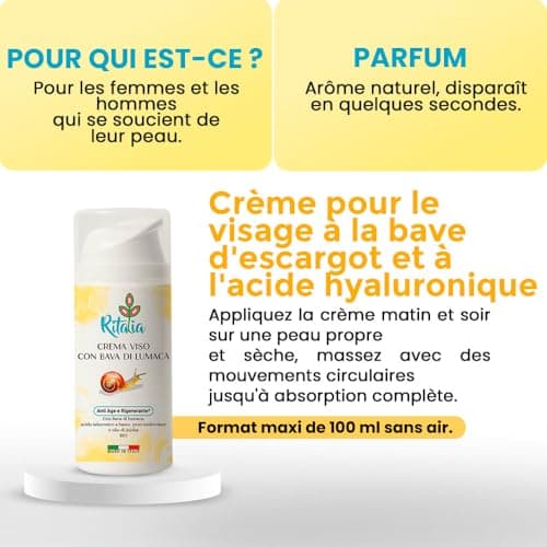100ml BIO CREME VISAGE avec 75% BAVE D ESCARGOT et ACIDE HYALURONIQUE Ritalia® CREME HYDRATANTE ingrédients Anti-rides Anti-âge et Anti-taches et Contour des yeux POUR FEMMES HOMMES