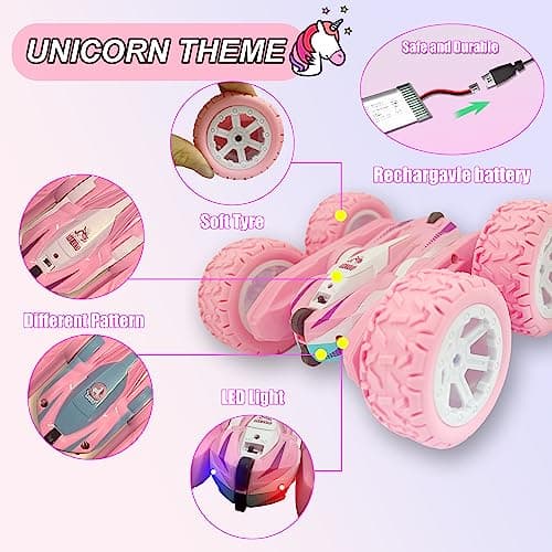 OYAKG Voiture Télécommandée,4WD Licorne Rose Voiture Telecommandé Enfant Fille 3 4 5 6 7 8 9 10 Ans Aves Radiocommandée et 2 Piles,Voiture RC 360° Flip Rotatif et Lumière,Jouet Cadeau Fille 3-12 Ans