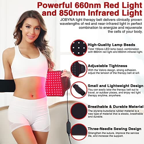 JOBYNA Ceinture de Thérapie par la lumière Rouge et Infrarouge pour Douleur, 660nm 850nm Luminothérapie Lampe Infrarouge, LED Red Light Therapy pour le corps, le dos, les épaules, Température Réglable