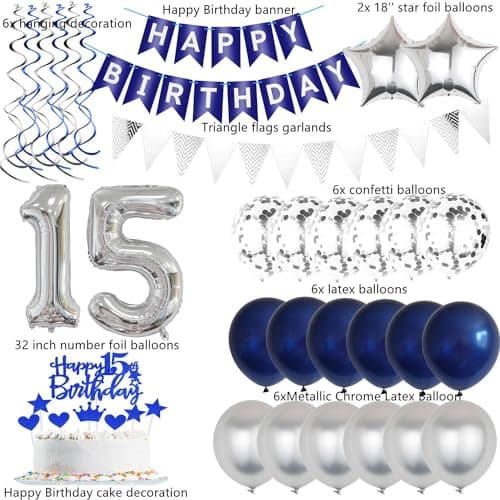 Décoration 15 ans garcon anniversaire ballon argent bleu décoration gâteau anniversaire 15 ans garcon fille ballon argent, 15 ans anniversaire garcon ballon décoration gâteau 15 ans anniversaire