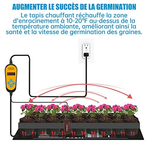 WADEO Tapis Chauffant pour Semis, Tapis Adjustable Chauffage avec Contrôleur de Thermostat 5-45°C (41-113°F), Durable, étanche, Tapis Chauffant pour Plantes, Reptile, Amphibien, 25 x 52cm