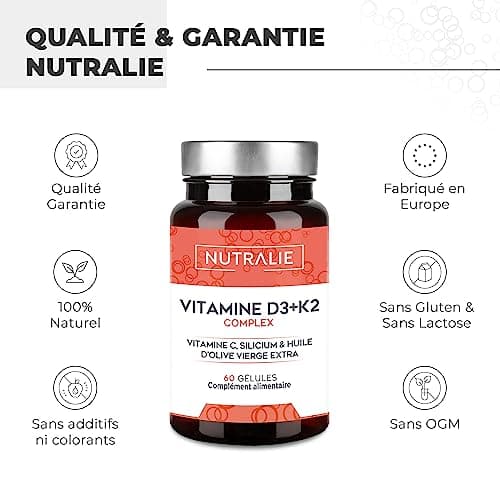 Vitamine D3 K2 (MK7) Haute Dose 10000 UI - Vit C + Huile d'Olive - 20 Mois Traitement - Os Muscles Système Immunitaire - Vitamine D BIO-disponible avec Vitamine K2 C et Silicium - 60 Gélules NUTRALIE