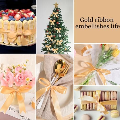 2 Rouleaux Ruban Doré, 2cm X 22m Ruban Satin Or Ruban Mariage Ruban Cadeau pour Emballage Cadeau Bouquet Gâteau Décoration Mariage Fête