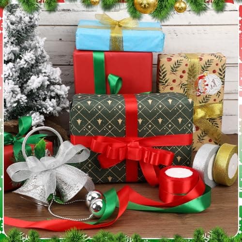 AUGSUN Ruban de Noël 4 Rouleaux, 2.5cm de large, 100 Yards, Vert, Rouge, pour Emballage Cadeaux et DIY
