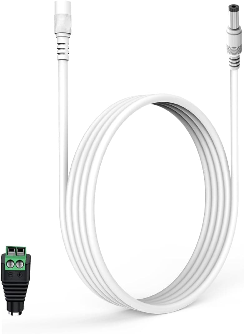Lonnky 12V 3 Mètre Câble D'Extension LED, Compatible avec TAPO C110, Reolink, TP-Link, Caméras Smallrig, Caméras IP, Lumières LED Govee, Et DVR, 5.5 x 2.1 mm, Femelle À Mâle Connecteur - Blanc