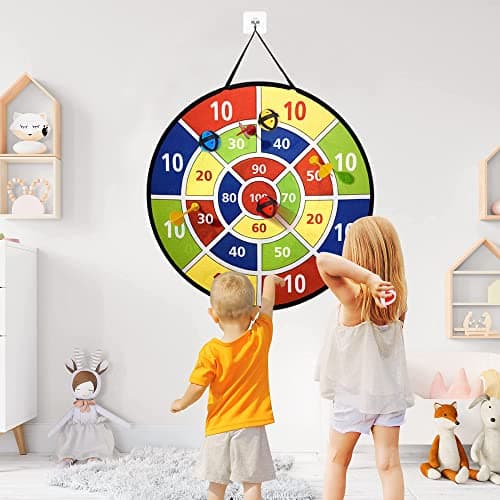 Jeux de Fléchettes pour Enfants, 66cm Jeu de Flechette sûr Double Face, Cible Flechette Jouets de Sport avec Balles Collantes, Jouet Intérieurs et Extérieurs Enfant Cadeau Fille Garçon