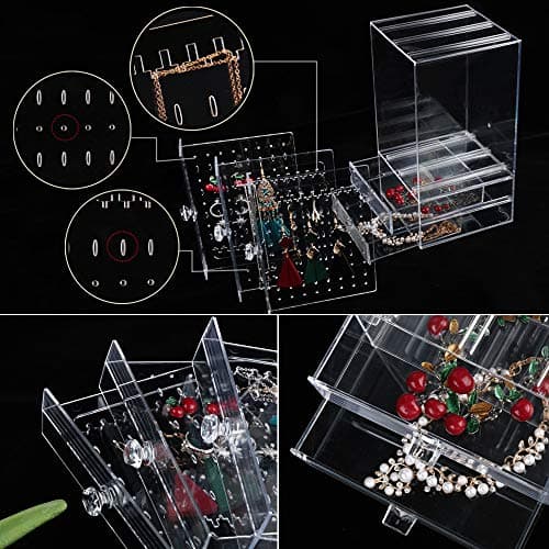 VINFUTUR Porte Présentoir Bijoux Boîte Rangement Boucle d'oreille Transparent 222 Trous avec 3 Tiroirs Plateaux Organisateur Maquillage pour Bijoux Collier Bracelet