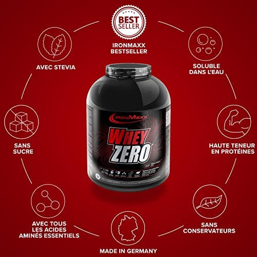 IronMaxx Whey Zero – Isolat de protéine de lactosérum en poudre – Protection et Régénération Musculaire – Sans sucre – Goût Vanille – 1 x boîte de 2,27kg