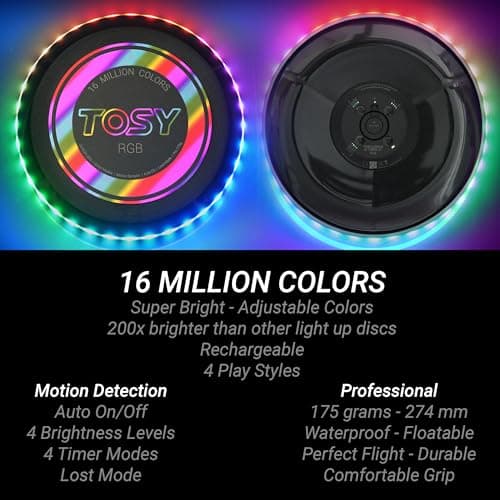 TOSY Disque Volant 16 Millions de Couleurs RVB ou 36 LED, Lumineux, Modes Intelligents, Auto on/Off, Rechargeable, Anniversaire, Cadeau de Noël pour Hommes/Garçons/Adolescents/Enfants, Frisbee 175g