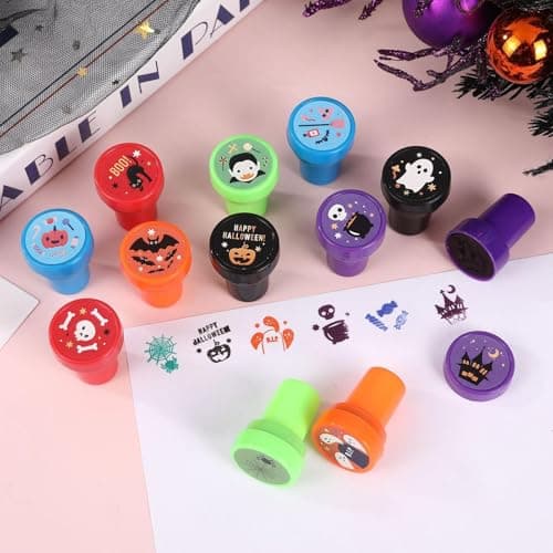Tampons Trick or Treat, kit de tampons Halloween - Halloween Assortiment de tampons auto-encreurs Ensemble de 24 tampons - Cadeaux de fête effrayants, bonbons ou friandises, prix de jeu mignons de des