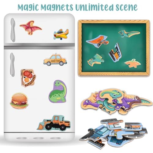 ASTARON Puzzle magnétique avec 60 Autocollants gonflés pour Tout-Petits, 41 pièces Puzzles pour Tout-Petits éducation préscolaire Apprentissage Jouets de Voyage Voiture Avion activités