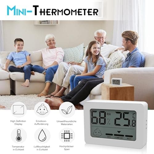 Lot de 6 mini thermomètres hygromètres d'intérieur numériques - Thermomètre d'intérieur avec indicateur smiley - Thermomètre d'intérieur pour chambre de bébé, salon, chambre, bureau - Blanc