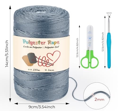 Estcoo Corde en Polyester, 250m Fil de Crochet, Corde en Premium Polypropylène avec des Ciseaux et des Crochet, pour Travaux Manuels, Déco de Maison,Assiettes de Table, Sac à Main, Bleu Foncé