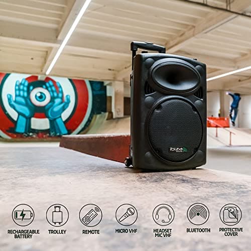 Ibiza - PORT15VHF-BT - Enceinte Portable 15"/800W Max avec 2 micros (VHF), télécommande et Housse de Protection - Bluetooth, USB, SD - Autonomie de 6 à 8h