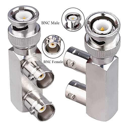 TUOLNK Lot de 2 fiches mâles BNC vers 2 Prises Femelles BNC en Forme de F Connecteur coaxial 3 Voies Adaptateur BNC SplitterF Forme Connecteur en té BNC 3 Voies