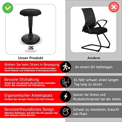 Dynaseat Tabouret ergonomique réglable en hauteur pour s'asseoir et se tenir debout (noir, version 45-65) - Tabouret de bureau ergonomique - Tabouret de bureau avec effet oscillant - Aide à la