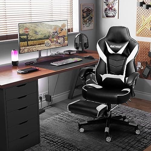 YU YUSING Massage Chaise Gaming Ergonomique Racing Chaise de Bureau avec Réglage de Hauteur, Repose-tête et Soutien des Lombaires, PU Cuir avec Repose-Pieds Rétractable, (Blanc)
