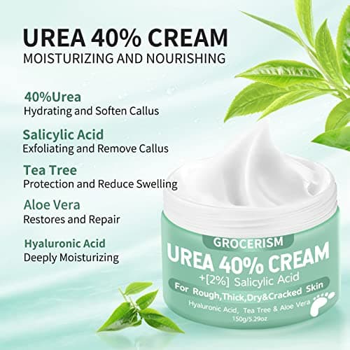 Crème à l'Urée 40% avec plus de 2% d'Acide Salicylique | pour Pieds et mains | Acide hyaluronique, arbre à thé, aloe vera | Hydrate, élimine les callosités et adoucit | 150 g