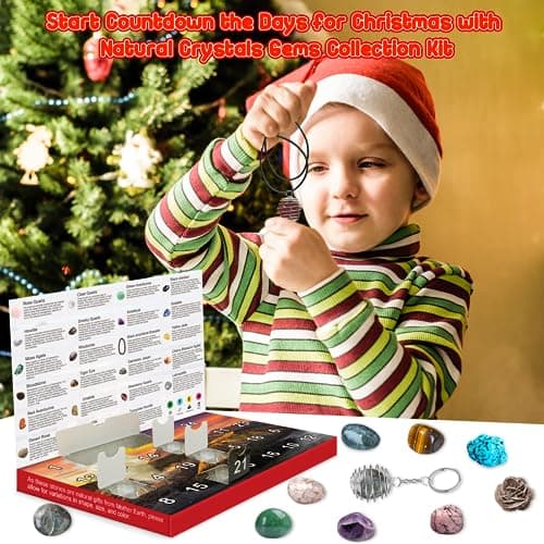 Calendrier de l'Avent 2024 Pierre Precieuse pour Enfants - Calendrier de 24 jours de Noël avec Cristaux et Pierres Naturelles- Cadeau de Noël pour Garçons et Filles
