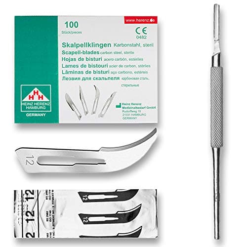 Set avec 100 x lames de scalpel N° 12 - Lame stérile en acier au carbone et 1 x May - manche de scalpel Figure N°3 avec manche rond en acier inoxydable