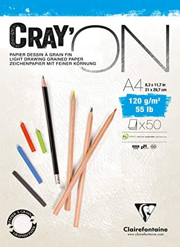 Clairefontaine 975020C Bloc Collé Cray'ON - 50 Feuilles Papier Dessin Blanc au Grain Fin - A4 21x29,7 cm 120g - Idéal pour le Dessin et le Croquis au Crayon