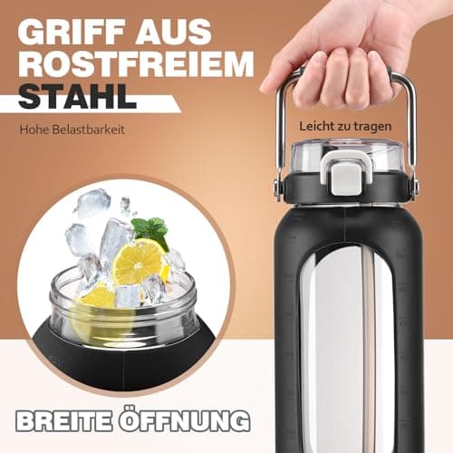 HYDRAGLAZIC 2L Verre Gourde avec paille et marqueur de temps Motivationnel Bouteille avec manchon en silicone Large bouche Borosilicate Cruche d'eau Sans BPA Anti-fuite, Noir