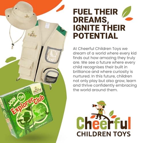Cheerful Children Toys Kit Explorateur pour Enfants - Déguisement Aventurier avec Chapeau d’Explorateur et Gilet Cargo - pour Garçons et Filles de 3 à 7 Ans, Jouets Éducatifs STEM