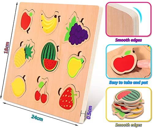 lenbest 6 pcs Puzzles en Bois pour Enfants, Montessori Jouet Bebe, Alphabet Nombre Forme Véhicules Fruit Animal Jeuets Educatifs Apprentissage pour Bébés 2 3 4 Ans Garçons Filles Cadeau Anniversaire