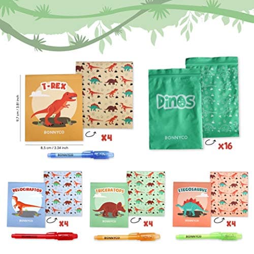 BONNYCO Stylo Encre Invisible et Carnet de Notes, Pack 16 Dinosaure Petits Cadeaux Anniversaire pour les Garçons et Filles | Cadeau Anniversaire Enfants et Jouets Pinata | Anniversaire Dinosaure
