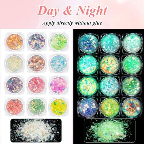 12 Couleurs Paillettes Visage Gel Festival Briller Dans L'obscurité Fluorescent Festival Accessoire pour Visage Yeu Paillettes Corps pour Masquerade Maquillage Quotidien Musique Halloween Christmas