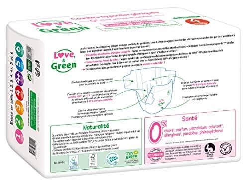 Love & Green - Couches Bébé Saines et Ecologiques - Taille 4 (7-14 Kg) - Pack 1 Mois (184 Couches) - Absorbante, anti-fuites et sans ingrédients indésirables