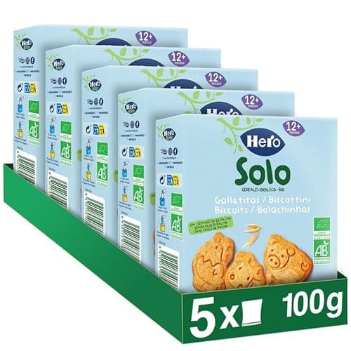 Hero Solo BIO - Snack Biscuits Animaux - pour Bébés Des 12 Mois - 100% BIO et Naturels, Sans Huile de Palme - Lot de 5 X 100 g