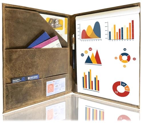 Porte-documents en cuir par Rustic Town | Conférencier A4 pour homme et femme | Porte-documents en cuir durable fait à la main avec 3 + 1 pochettes pour documents et bloc-notes