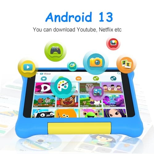 Yicty Tablette Enfants 7 Pouces Andriod 13 Tablette pour Enfants Quad Core 5 Go RAM 32 Go ROM 128 Go Extension Contrôle Parental Tablette Éducative et Divertissante avec étui Antichoc (Bleu)