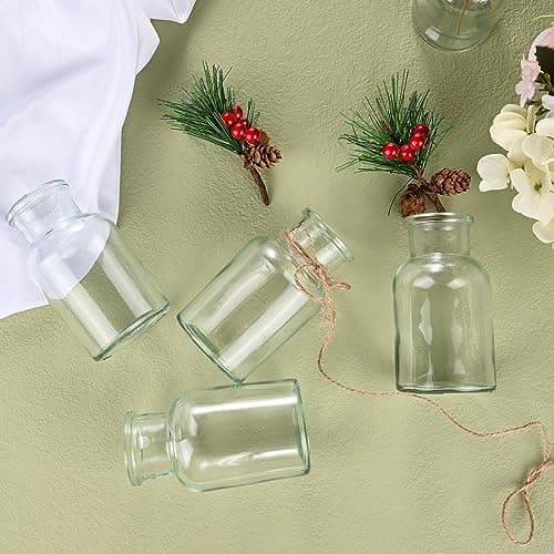 Glovios Petits Vase en Verre Lot de 12 Mini vases en Verre Transparent Vase Mariage 10,3cm de Haut Mini Vase decoratif avec de la 5m Ficelle de Jute soliflore en Verre Petits Vase Fleur Deco Table