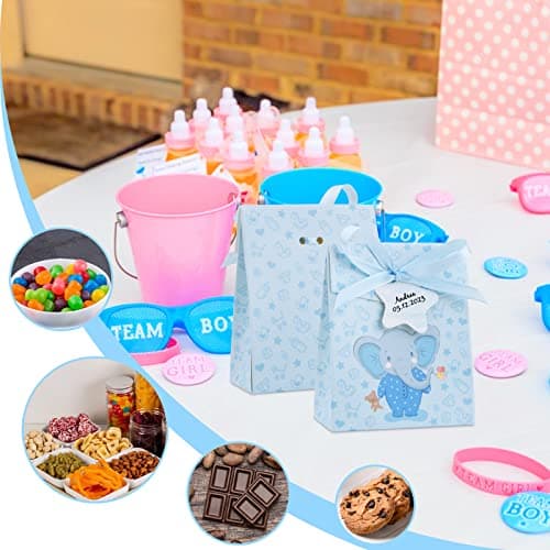 50Pcs Eléphant Sachets Anniversaire Douche Bébé Boîte à Dragées Bonbons Baptême Pochettes Cadeau Bonbonnière Bleu avec Etiquettes à Cordes pour Enfant Fête Communion Baby Shower Mariage