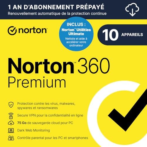 Pack Norton 360 Premium + Norton Utilities Ultimate |10 appareils |75 Go| VPN |contrôle parental| 12 Mois | PC| Dark monitoring| Code d'activation PC - envoi par email