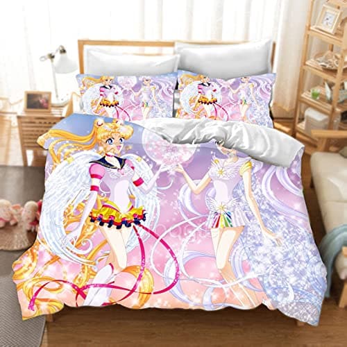 Bfrdollf Sailor Moon Parure de lit 135 x 200 cm, pour fille, motif de l'anime du Japon, 100 % microfibre douce, avec taies d'oreiller, fermeture éclair pour enfants (5, double 200 x 200 cm)
