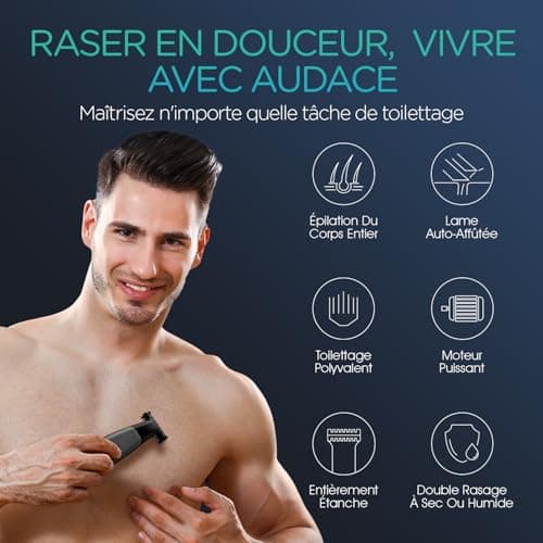 VOYOR Tondeuse Barbe Homme Tondeuse Cheveux de Précision Oreilles Nez corps Avec 11 Accessoires,4 Tout-En-Un Rasoir Electriques Hommes avec Lames Affûtées Rechargeable Humide sec Bleu/Gris TX510