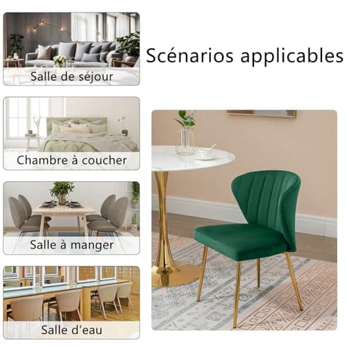 SEPNINE Lot de 2 Chaises de Salle à Manger, Chaises Scandinaves, Chaise en Velours pour Salle à Manger avec Dossier Ergonomique, Chaise de Salon avec Pieds en Métal Doré, Chaise de Cuisine Vert