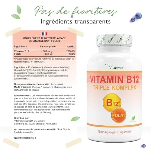 Vitamine B12-240 comprimés pour 8 mois - 500μg Vit B12 + acide folique 200μg par jour - Méthylcobalamine, adénosylcobalamine & hydroxocobalamine B12 + acide folique bioactif Quatrefolic®