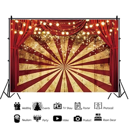 Renaiss 3x2.5m Cirque Spectacle Toile de Fond Carnaval Rayures Rouges Rideau Paillettes Lumières Photographie Fond Bébé Douche Fête d'anniversaire Décor Enfants Portrait Photo Props Vinyle