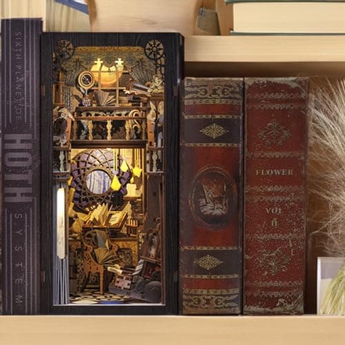 CUTEBEE DIY Book Nook Kit avec Housse de Protectio, de Maison de Poupées Miniatures avec Meubles et Lumière LED,Puzzle 3D en Bois,Serre-Livres d'art, modèles pour Adultes à Construire(RK02B)